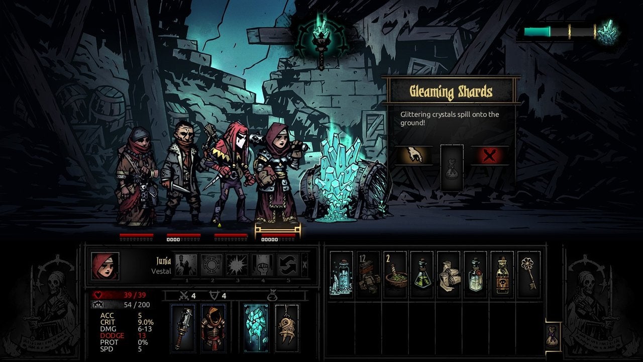 7. Darkest Dungeon: Darkest Dungeon is a grim side-scrolling dungeon crawler that puts you in charge of a pre-assembled team of adventurers trying to rid the estate you've inherited of its deadly inhabitants. Each of the dungeons you enter are procedurally-generated and filled with a number of traps and unique items to discover, as well as being rife with enemies. As you progress through the dungeons, you're equipped with a torch that is slowly burning out. As the torchlight grows dimmer, your team becomes weaker. There is a risk-reward mechanic at play here that much of the game revolves around. Will you journey deeper into the dungeon with the hopes of coming across valuable treasure, or will you perish at the hands of the many enemies?