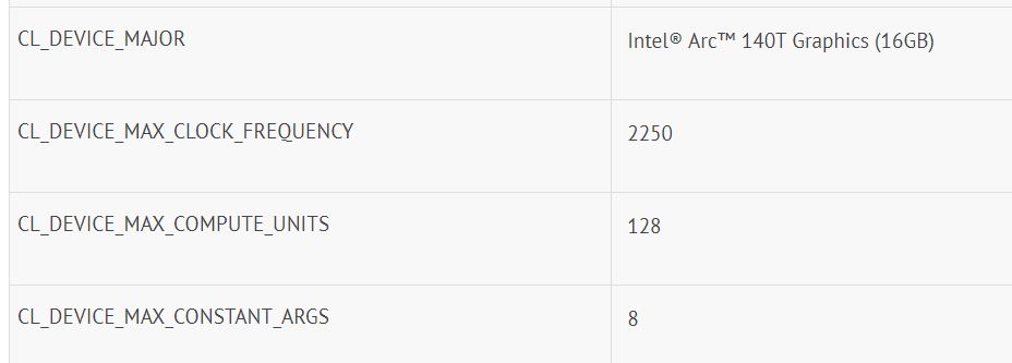 Arc 140T specs GFX Bench