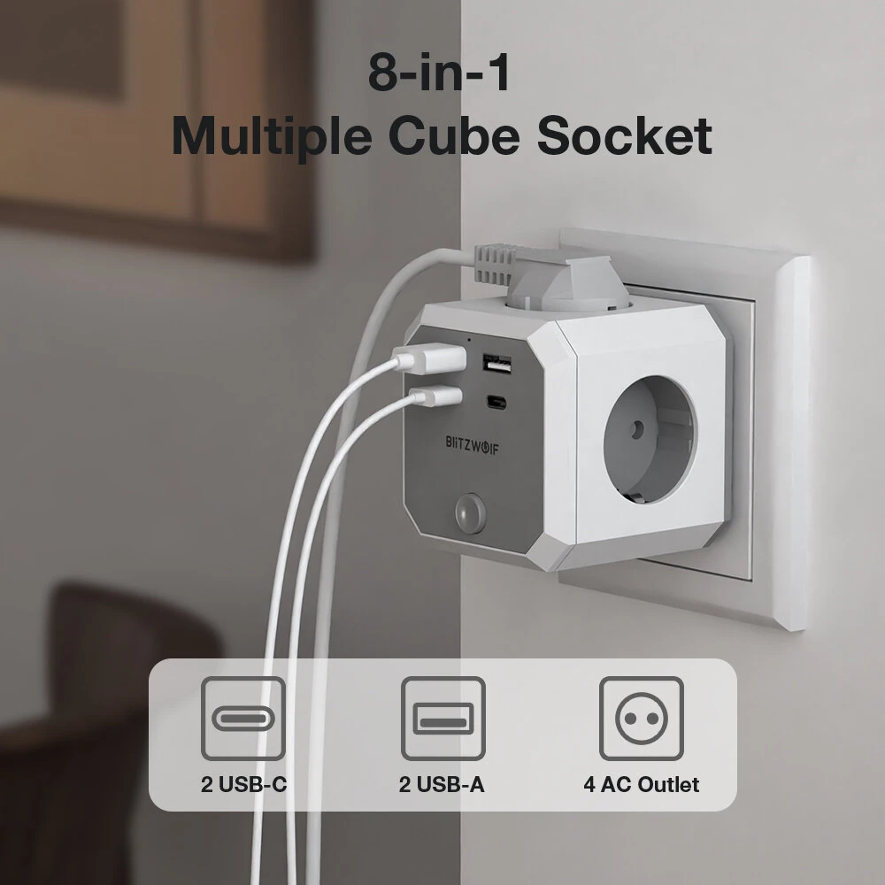 BlitzWolf BW-EC2 8-in-1 Wall Cube Socket usb and plugs