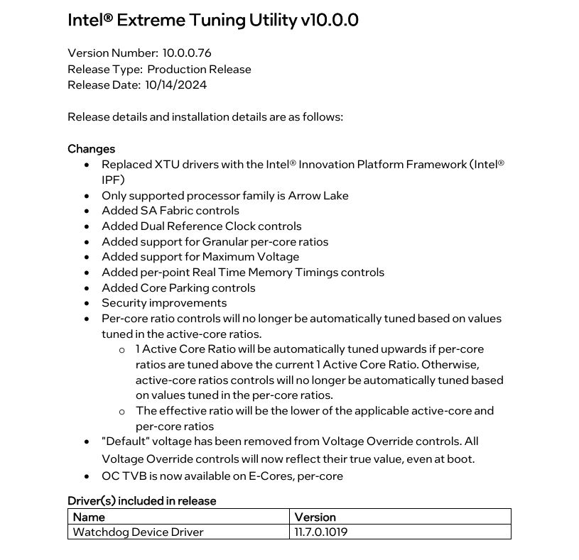 Intel XTU v10.0.0 Arrow Lake