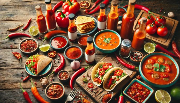 a variety of spicy foods displayed on a wooden tab.jpg