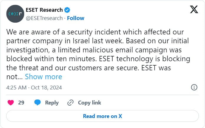 Tweet της ESET