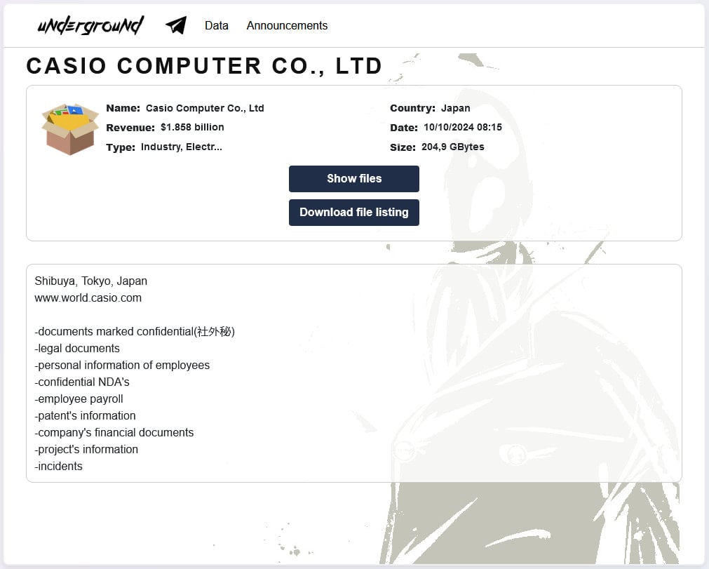 Τα δεδομένα Casio διέρρευσαν στην πύλη Underground ransomware