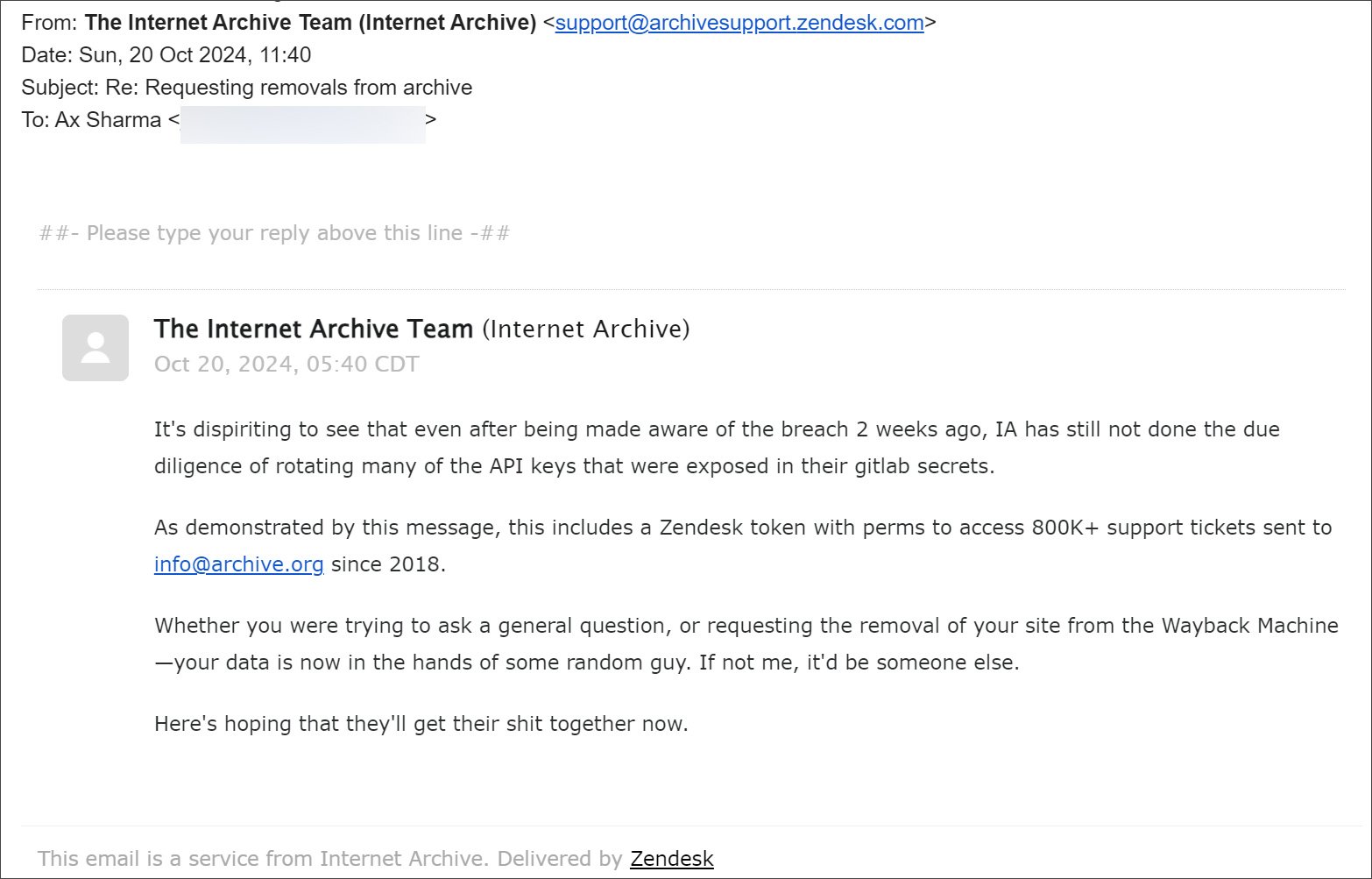 Internet Archive Zendesk emails που αποστέλλονται από τον ηθοποιό απειλών